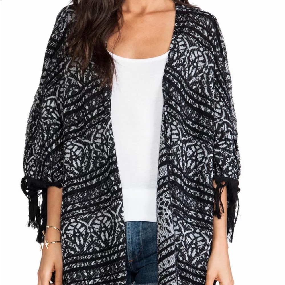 Free People Black Pattern Fringe Kimono Cardigan
